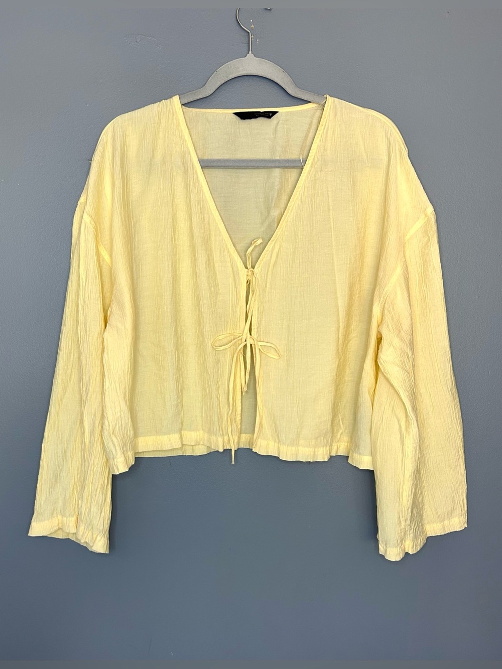 Zara Blouse Womens M-L Yellow Tie Front Kimono Drop Sleeve Sheer Cropped Top